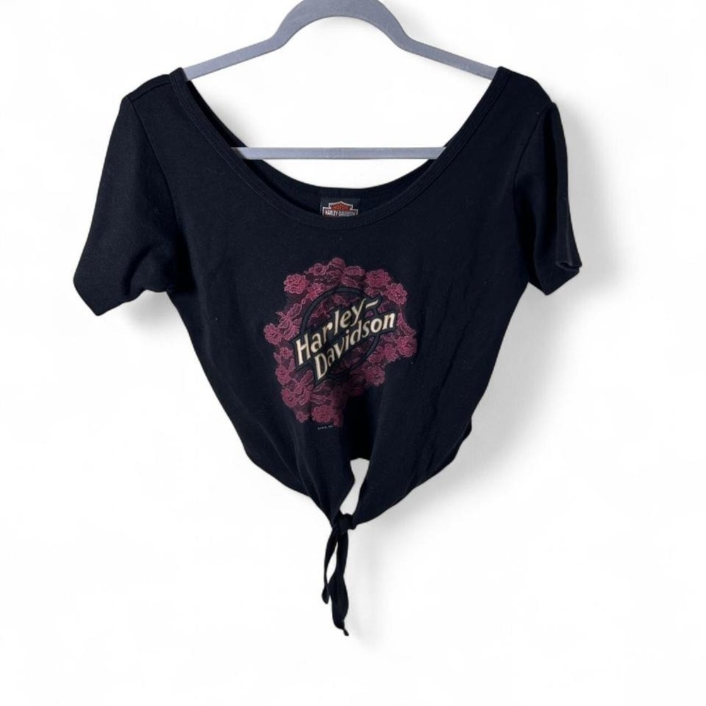 Harley Davidson black tie front crop top Size M #biker #rockstyle